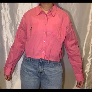 Pink cropped sheer button-up flannel